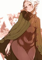 1girl artist_name blush breasts breasts_apart cloak closed_mouth covered_navel cowboy_shot curvy elf fantasy green_cloak groin highres kiyo_(a_sam_ko) lips looking_at_viewer mushoku_tensei open_mouth pixel_art pointy_ears red_eyes skin_tight small_breasts solo sylphiette_(mushoku_tensei) teeth white_hair