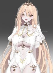 1girl blonde_hair breast_curtains breasts cleavage cleavage_cutout clothing_cutout cowboy_shot diamond_earrings earrings fang gradient_background hair_between_eyes hand_up hazaki_yoshino highres jewelry juliet_sleeves large_breasts long_hair long_sleeves looking_at_viewer navel navel_cutout nijisanji nui_sociere nui_sociere_(6th_costume) open_mouth puffy_sleeves single_earring skin_fang solo standing tiara twitter_username veil very_long_hair virtual_youtuber yellow_eyes