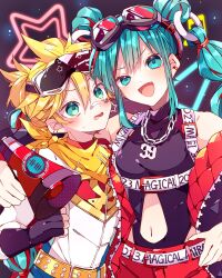 Rule 34 | 1boy, 1girl, :d, bare shoulders, belt, black gloves, black shirt, blonde hair, blue eyes, blue hair, blush, breasts, chain, chain necklace, clothing cutout, commentary request, double-parted bangs, fang, fingerless gloves, gloves, green eyes, hair between eyes, hatsune miku, highres, holding, holding megaphone, jewelry, kagamine len, kaho 0102, long hair, looking at viewer, medium breasts, megaphone, navel, navel cutout, necklace, open mouth, shirt, short hair, sleeveless, sleeveless shirt, smile, turtleneck, turtleneck shirt, upper body, vocaloid, white belt, white shirt