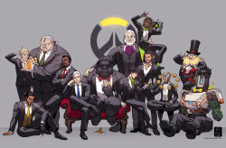 6+boys :t adjusting_clothes adjusting_necktie aged_down alcohol alternate_hairstyle animal animal_on_shoulder ascot banana bastion_(overwatch) beard bespectacled bird bird_on_shoulder black-framed_eyewear boombox bow bowtie braid braided_beard cassidy_(overwatch) champagne champagne_flute cigar clothed_robot couch crossed_legs cup cyborg dark-skinned_male dark_skin dress_shirt drinking_glass eating ein_lee eyebrows facial_hair floating food formal_clothes fruit ganymede_(overwatch) genji_(overwatch) glasses gorilla grey_background hair_slicked_back hanzo_(overwatch) hat junkrat_(overwatch) lotus_position lucio_(overwatch) m/ male_focus mechanical_arms monocle multiple_boys necktie no_mask omnic opaque_glasses opaque_monocle overwatch overwatch_1 reaper_(overwatch) reinhardt_(overwatch) roadhog_(overwatch) robot round_eyewear scar scar_across_eye scar_on_face shirt single_mechanical_arm sitting sitting_on_shoulder smoking soldier:_76_(overwatch) suit tattoo thick_eyebrows top_hat torbjorn_(overwatch) traditional_bowtie very_dark_skin vest waistcoat white_hair winston_(overwatch) zenyatta_(overwatch)