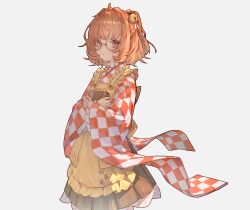Rule 34 | 1girl, absurdres, apron, bell, book, brown eyes, checkered clothes, checkered kimono, glasses, green skirt, hair bell, hair ornament, highres, holding, holding book, japanese clothes, kimono, looking at viewer, motoori kosuzu, orange hair, simple background, skirt, solo, touhou, txooxt, white background, wide sleeves, yellow apron