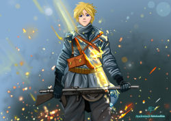 1boy automatic_rifle battlefield_(series) battlefield_1 blonde_hair blue_eyes chauchat commission crossover france french_text gun ils_ne_passeront_pas jaune_arc light_machine_gun looking_at_viewer machine_gun military military_uniform poster_(medium) rwby scarf soldier thatawkwardonion weapon world_war_i
