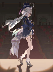 1girl asagizuisen back_bow belt black_shoes blue_bow blue_coat blue_eyes blue_hat blue_streaks bow chair coat expressionless from_side full_body furina_(genshin_impact) genshin_impact hand_up hat high_heels highres indoors long_sleeves looking_down pillar ponytail shadow shoes shorts sleeves_rolled_up solo standing tailcoat theater thigh_belt thigh_strap top_hat twitter_username white_hair white_shorts window