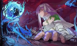 2girls absurdres bandage_over_one_eye bandaged_arm bandaged_head bandaged_leg bandages bare_shoulders black_dress black_gloves black_thighhighs blue_eyes blue_fire blunt_bangs breasts building center_opening city cityscape dress duel elbow_gloves fate/extra fate/extra_ccc fate/grand_order fate_(series) fighting_stance fire giant giantess gloves hair_ornament highres horns kingprotea_(fate) leaf_hair_ornament long_hair long_horns looking_at_another moss multiple_girls multiple_hat_bows naked_bandage outdoors purple_eyes purple_hair ribbon sky stomach_tattoo striped_clothes striped_gloves tattoo thighhighs too_many_bows tzitzi-ya-ku_(armor) very_long_hair white_ribbon yang_guifei_(fate) yang_guifei_(third_ascension)_(fate) yorurokujuu