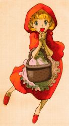 1girl apron b.b._hood basket bengus blonde_hair blue_eyes boots capcom darkstalkers dress game_cg highres hood looking_to_the_side marvel_vs._capcom marvel_vs._capcom_2 non-web_source official_art open_mouth own_hands_clasped own_hands_together picnic_basket red_hood simple_background smile solo standing
