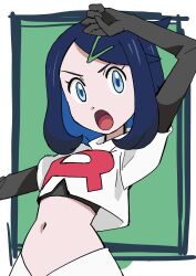 1girl aqua_eyes arm_up arms_up black_gloves black_hair black_long_gloves black_shirt colored_inner_hair cosplay cowlick creatures_(company) cropped_jacket elbow_gloves female_focus game_freak gloves hainchu hair_ornament hairclip jacket jessie_(pokemon)_(cosplay) liko_(pokemon) logo long_glove multicolored_hair navel nintendo open_mouth pokemon pokemon_(anime) pokemon_horizons shirt skirt solo solo_focus team_rocket team_rocket_(cosplay) team_rocket_uniform thighs tongue white_jacket white_skirt