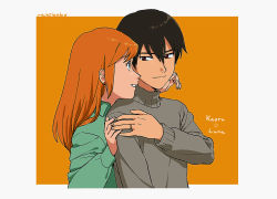 aged_up blouse collared_shirt couple engagement_ring from_side grey_shirt hair_between_eyes hetero hug hug_from_behind jewelry kaoru_(mujin_wakusei_survive) luna_(mujin_wakusei_survive) mujin_wakusei_survive rakikoko ring shirt smile sweater swept_bangs