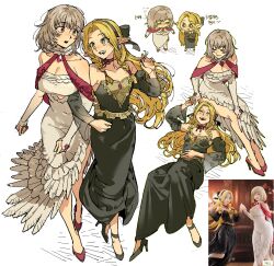 Rule 34 | 2girls, :d, bare shoulders, black dress, black shoes, blush, braid, breasts, chibi, choker, cleavage, closed eyes, collarbone, detached sleeves, dress, dungeon meshi, earrings, elf, falin touden, feather choker, feather dress, figure, full body, gem, green eyes, grey hair, hair between eyes, high heels, highres, jewelry, long hair, looking at another, low twin braids, marcille donato, medium breasts, mon g 11, multiple girls, open mouth, parted bangs, pointy ears, puffy sleeves, red choker, red shoes, shoes, sidelocks, sleeveless, sleeveless dress, smile, standing, twin braids, white dress