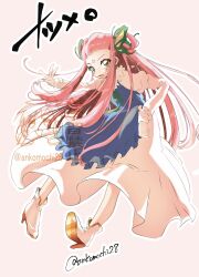 1girl ankomochi28 butterfly_hair_ornament dress facial_mark forehead_mark full_body galaxy_angel_rune green_ribbon hair_ornament highres izayoi_natsume long_hair long_sidelocks pink_hair ribbon sidelocks solo twintails twitter_username very_long_hair
