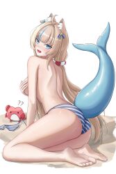 1girl ? ?? absurdres aged_up ahoge almonxtea alternate_breast_size animal_ear_fluff animal_ears ass barefoot bikini bikini_bottom_only blonde_hair blue_bikini blue_eyes blue_hair blush breasts cat_ears commentary covering_breasts covering_privates crab fang fins fish_girl fish_tail highres indie_virtual_youtuber large_breasts lifebuoy_hair_ornament long_hair looking_at_viewer low_twintails median_furrow multicolored_hair one_side_up open_mouth sameko_saba shark_tail shoulder_blades simple_background sitting skin_fang soles solo streaked_hair striped_bikini striped_clothes swimsuit tail topless_female twintails unworn_bikini_top very_long_hair virtual_youtuber white_background