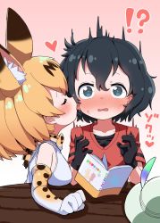 2girls ^^^ animal_ear_fluff animal_ears animal_print bad_id bad_twitter_id black_gloves black_hair blow blue_eyes blush book bow bowtie closed_eyes collarbone commentary_request dropping ear_blush elbow_gloves elbow_rest extra_ears flustered gloves gradient_background hair_between_eyes hat hat_feather heart helmet highres kaban_(kemono_friends) kemono_friends licking licking_another&#039;s_cheek licking_another&#039;s_face multiple_girls nekonyan_(inaba31415) nose_blush pink_background pith_helmet print_gloves print_neckwear red_shirt saliva serval_(kemono_friends) shirt short_hair short_sleeves simple_background sleeveless sleeveless_shirt surprised sweat table two-tone_bow two-tone_bowtie unworn_hat unworn_headwear wavy_mouth white_shirt yuri