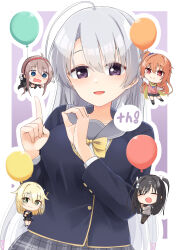5girls :d =_hair_ornament ^_^ ahoge anniversary ayachi_nene balloon black_hair black_jacket blonde_hair blue_eyes blush border bow bowtie brown_hair chibi chibi_inset closed_eyes closed_mouth commentary_request cowboy_shot eyes_visible_through_hair facing_viewer flying_sweatdrops green_eyes grey_hair grey_sailor_collar hair_between_eyes hair_ornament hairclip hands_up happy highres holding holding_balloon huge_ahoge inaba_meguru index_finger_raised jacket kariya_wakana long_hair long_sleeves looking_at_viewer multiple_girls nose_blush open_mouth orange_hair outline outside_border purple_background purple_eyes red_eyes sailor_collar sanoba_witch scarf school_uniform serafuku shiiba_tsumugi sidelocks silver116 simple_background smile solo_focus straight_hair sweater togakushi_touko two_side_up very_long_hair wavy_mouth white_border white_outline white_sweater yellow_bow yellow_bowtie yellow_scarf