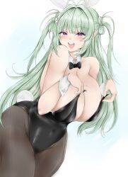 1girl animal_ears antenna_hair bare_shoulders black_leotard blush breasts cleavage detached_collar fake_animal_ears fake_tail goddess_of_victory:_nikke green_hair highleg highleg_leotard highres large_breasts leotard long_hair looking_at_viewer open_mouth pantyhose playboy_bunny purple_eyes rabbit_ears rabbit_tail ryou_(619-619) smile soda_(nikke) solo tail wrist_cuffs