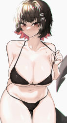 1girl absurdres alternate_costume bare_arms bare_shoulders bikini black_bikini black_hair blush breasts cleavage closed_mouth ellen_joe fins fish_tail freeman_(tkuh4475) highres large_breasts looking_at_viewer mole mole_under_eye navel red_eyes shark_girl shark_tail short_hair sidelocks solo stomach sweatdrop swimsuit tail zenless_zone_zero