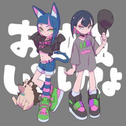 2girls animal_ear_fluff animal_ears aqua_bow aqua_bowtie arm_behind_head asymmetrical_legwear bad_id bad_pixiv_id baseball_cap belt belt_collar black_choker black_hair black_shirt black_shoes blue_hair blue_shorts blunt_bangs bow bowtie cat_ears cat_girl choker clothes_writing collar colored_inner_animal_ears colored_inner_hair crop_top denim denim_shorts earrings green_eyes green_shoes grey_background grey_shirt hat hedgehog holding holding_unworn_clothes holding_unworn_hat jewelry jitome kung-fu-piggy layered_sleeves long_sleeves looking_at_viewer matsushita_yuubin multicolored_hair multiple_girls navel nira-chan nira-chan_(obenkyou_shitoiteyo)_(zutomayo) obenkyou_shitoiteyo pink_belt pink_collar pink_eyes pink_hair sammy_(kung-fu-piggy) shirt shoes short_hair short_over_long_sleeves short_sleeves shorts smile socks song_name standing streaked_hair two-tone_socks uneven_legwear uniguri_(zutomayo) unworn_hat unworn_headwear white_socks zutto_mayonaka_de_ii_no_ni