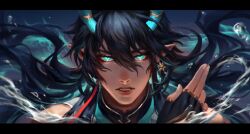 1boy absurdres aqua_eyes aqua_horns black_hair commentary crovius dan_heng_(honkai:_star_rail) dan_heng_(imbibitor_lunae)_(honkai:_star_rail) dragon_boy dragon_horns eastern_dragon_horns eyeliner hair_between_eyes hand_up highres honkai:_star_rail honkai_(series) horns letterboxed long_hair looking_at_viewer makeup male_focus mandarin_collar parted_lips pointy_ears red_eyeliner solo straight-on water