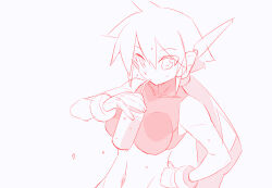 1girl aile_(mega_man_zx) breasts drinking greyscale kaidou_zx large_breasts long_hair mega_man_(series) mega_man_zx mega_man_zx_advent monochrome ponytail red_theme robot_ears simple_background solo sports_bra sweat upper_body white_background