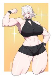 Rule 34 | abs, absurdres, armpits, artist name, bare shoulders, biceps, black shorts, black tank top, border, breasts, crop top, dalen zeal, flexing, highres, large breasts, midriff, muscular, muscular female, navel, original, red eyes, short hair, short shorts, shorts, sleeveless, smile, sparkle background, tank top, teeth, thick thighs, thighs, twitter username, white border, white hair, wristband, zzzeal