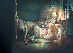 2girls bed bedroom blanket blonde_hair brown_hair carpet chair chest_of_drawers commentary_request desk_lamp doll doll_house dress indoors kobone_awaki lamp light light_particles long_hair multiple_girls muted_color night nightgown original pillow roomscape short_hair sitting wavy_hair white_dress window wooden_floor