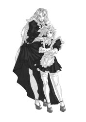 Rule 34 | 2boys, alternate costume, apron, black dress, braid, closed mouth, clothes lift, cloud strife, collared dress, crossdressing, dress, dress lift, enmaided, final fantasy, final fantasy vii, frilled apron, frills, highres, juliet sleeves, long hair, long sleeves, looking at another, maid, maid apron, male focus, male maid, mary janes, multiple boys, pantyhose, puffy sleeves, sephiroth, shoes, smile, spiked hair, standing, thighhighs, toned, toned male, twin braids, white apron, white background, white pantyhose, white thighhighs, xiojio293506