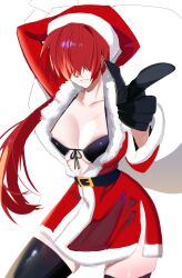 1girl bag bikini breasts christmas cleavage costume curvy dan_koflove fluffy gloves hat large_breasts latex leather long_hair pale_skin ponytail shermie_(kof) shiny_skin socks standing swimsuit the_king_of_fighters thick_thighs thighs twintails underwear wide_hips