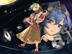 2girls absurdres balancing black_hairband blonde_hair blue_eyes blue_hair braid braided_bangs brown_dress cloak dress foot_up full_body hair_intakes hair_ornament hairband highres kiperina long_dress long_hair looking_at_viewer looking_up low_ponytail multiple_girls neckerchief orbital_path outstretched_arms parted_lips planet ponytail red_cloak red_neckerchief red_shoes reverse:1999 shoes smile space spread_arms star_(sky) star_(symbol) star_hair_ornament tightrope vinyl_record voyager_(reverse:1999) wu_fuzuoyong