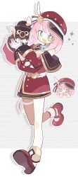 +_+ 1girl :d absurdres aqua_eyes blue_gemstone newsboy_cap camera charlotte_(genshin_impact) chibi chibi_inset commentary_request detached_sleeves foot_up full_body gem genshin_impact gloves hands_up hat hat_feather hatsushiro_mamimu highres holding holding_camera lace-up_sleeves long_hair looking_at_viewer mary_janes monocle open_mouth pink_hair pouch puffy_detached_sleeves puffy_sleeves red_hat red_shoes red_skirt red_sleeves ribbon shoes skirt smile solo sparkle thigh_pouch white_gloves white_ribbon