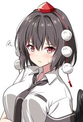 1girl :/ armband bird_wings black_armband black_necktie black_wings blush brown_hair closed_mouth collared_shirt commentary hat looking_at_viewer medium_hair necktie pom_pom_(clothes) red_eyes red_hat rise_(rise19851203) shameimaru_aya shirt simple_background solo squiggle sweatdrop tokin_hat touhou white_background white_shirt wings
