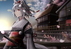 1girl animal_ear_fluff animal_ears architecture blue_sky cherry_blossoms closed_mouth cloud commentary_request cowboy_shot east_asian_architecture expressionless hat highres inubashiri_momiji japanese_clothes katana kimono kourindou_tengu_costume looking_at_viewer looking_to_the_side m2_eleeam obi petals pom_pom_(clothes) red_eyes red_hat red_sash sash short_hair sky solo sunrise sword tail tokin_hat touhou weapon white_hair white_kimono wolf_ears wolf_girl wolf_tail