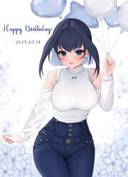 1girl absurdres balloon blue_eyes blue_hair blue_pants blush bow bow_earrings breasts clothing_cutout commentary cowboy_shot crossed_bangs dated denim earrings english_commentary fingernails flower flower_request hair_between_eyes hair_intakes hand_up happy_birthday heart_balloon high-waist_pants highres holding hololive hololive_english jeans jewelry large_breasts legs_together long_fingernails long_sleeves looking_at_viewer official_alternate_costume open_mouth ouro_kronii ouro_kronii_(casual) pants shirt shirt_tucked_in short_hair shoulder_cutout smile solo standing star_balloon sui1k0 turtleneck turtleneck_shirt virtual_youtuber white_background white_shirt