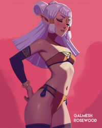 1girl artist_name blush bracelet breasts cleavage closed_eyes commentary cowboy_shot english_commentary forehead_tattoo galmesh_rosewood highres jewelry long_hair medium_breasts navel nintendo parted_lips paya_(zelda) pink_background pointy_ears solo the_legend_of_zelda the_legend_of_zelda:_breath_of_the_wild thick_eyebrows thighhighs