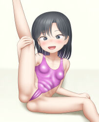 Rule 34 | 1girl, absurdres, arm rest, black hair, blush, breasts, breasts apart, feet out of frame, female focus, grey eyes, highleg, highleg leotard, highres, leg hold, leg up, leotard, looking at viewer, open mouth, original, paid reward available, pink leotard, sc naru, small breasts, smile, solo, spread legs, teeth, thighs, tongue, upper teeth only