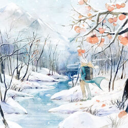 1boy blue_coat brown_pants coat food fruit ginko_(mushishi) hands_in_pockets highres mountain mushishi painting_(medium) pants peach river scarf short_hair snow snowing standing tinnyilb traditional_media tree watercolor_(medium) white_hair wind yellow_scarf