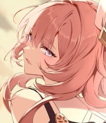 Rule 34 | 1girl, absurdres, blue eyes, commentary, cyrene (honkai: star rail), da-un (du), from behind, grey sky, hair ornament, highres, honkai: star rail, honkai (series), looking at viewer, parted lips, pink hair, portrait, short hair, sky, solo