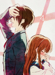 Rule 34 | 1boy, 1girl, 621 joker 123, asahina mikuru, blazer, blue sailor collar, blush, brown hair, closed eyes, collared shirt, commentary request, from side, green jacket, hand on own head, highres, jacket, kita high school uniform, koizumi itsuki, long hair, long sleeves, necktie, red necktie, sailor collar, school emblem, school uniform, serafuku, shirt, short hair, suzumiya haruhi no yuuutsu, white shirt, winter uniform