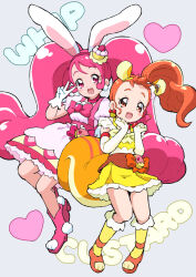2girls animal_ear_hairband animal_ears arisugawa_himari boots bow bowtie brooch cake_hair_ornament character_name choker cure_custard cure_whip dress earrings elbow_gloves fake_animal_ears food-themed_hair_ornament full_body gloves grey_background hair_ornament hairband highres jewelry kirakira_precure_a_la_mode knee_boots long_hair looking_at_viewer magical_girl multiple_girls open_mouth orange_eyes orange_hair pink_boots pink_bow pink_bowtie pink_choker pink_dress pink_eyes pink_hair pink_hairband pom_pom_(clothes) pom_pom_earrings precure rabbit_ears side_ponytail smile sphere_earrings squirrel_ears twintails usami_ichika v very_long_hair white_gloves yakizakana10967 yellow_boots yellow_dress