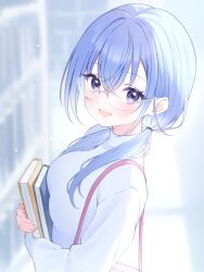 1girl bespectacled blue_hair blush book bookshelf breasts commentary_request glasses hugging_object idolmaster idolmaster_shiny_colors long_hair looking_at_viewer looking_to_the_side medium_breasts purple_eyes rimless_eyewear round_eyewear shirasato_(phzm8733) smile solo suzuki_hana sweater twintails upper_body white_sweater