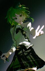 1girl alternate_costume alternate_universe black_thighhighs bow bowtie breasts bucket bucket_on_head buttons chromatic_aberration collared_shirt floating_hair from_below green_bow green_bowtie green_eyes green_hair green_skirt head_tilt highres holding holding_microphone idol idol_clothes kimi_ga_shine kizuchi_kanna looking_to_the_side microphone object_on_head open_mouth plaid_bow plaid_bowtie plaid_clothes plaid_skirt pleated_skirt shirt shirt_partially_tucked_in short_hair sidelocks single_suspender skirt sky sleeve_cuffs small_breasts smile solo star_(sky) starry_sky suspender_skirt suspenders thighhighs three-quarter_sleeves v white_shirt wing_collar yellowmao0509 zettai_ryouiki