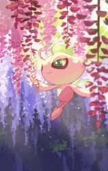 Rule 34 | alternate color, celebi, closed mouth, colored skin, commentary request, fairy wings, floating, gen 2 pokemon, green eyes, hanging plant, highres, legendary pokemon, mythical pokemon, nintendo, no humans, pink skin, pokemon, pokemon (creature), pokemon mystery dungeon, pokemon mystery dungeon: explorers of time/darkness/sky, shiny pokemon, smile, wings, yamaori (hakkentai pokedan)