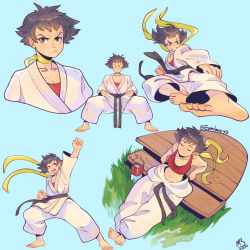 1girl abs baggy_pants barefoot belt black_belt black_hair blue_background breasts brown_eyes choker cleavage clenched_hands dougi eymbee flying highres horse_stance karate_gi makoto_(street_fighter) martial_arts_belt medium_breasts pants red_sports_bra ribbon_choker short_hair sitting solo_focus sports_bra street_fighter street_fighter_iii_(series) toes tomboy toned uppercut