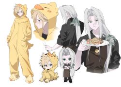 2boys absurdres alternate_costume alternate_hairstyle animal_slippers apron blonde_hair blue_eyes blush blush_stickers chibi chibi_inset chocobo chocobo_costume closed_mouth cloud_strife crossed_arms earrings final_fantasy final_fantasy_vii food from_behind green_eyes grey_hair hand_in_pocket highres holding holding_food holding_knife holding_plate jewelry kiliko-san knife long_hair long_sleeves looking_to_the_side low-tied_long_hair male_focus multiple_boys multiple_views mushroom noodles onesie plate sephiroth short_hair shrimp single_earring sitting slippers slit_pupils smile spiked_hair yaoi