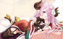 1girl bare_shoulders black_gloves blue_eyes braid brown_horns christmas commentary_request curled_horns detached_sleeves draph dress fur-trimmed_dress fur-trimmed_sleeves fur_trim garter_straps gloves granblue_fantasy hair_over_one_eye highres horns keqikehe looking_at_viewer lying narmaya_(granblue_fantasy) narmaya_(holiday)_(granblue_fantasy) official_alternate_costume on_stomach open_mouth pink_hair pointing pointing_at_viewer pointy_ears pom_pom_(clothes) santa_costume santa_dress single_braid smile snowman_hair_ornament solo wide_sleeves
