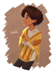 1boy afro arepa brown_eyes brown_hair camilo_madrigal colombian_clothes curly_hair dark-skinned_male dark_skin encanto highres male_focus poncho shirt short_hair simple_background smile upper_body user_cwvk5558 white_shirt yellow_poncho