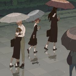 1boy 3girls 55bata6rou bag black_hair black_serafuku black_shirt black_skirt blonde_hair brown_hair comforting crying fukuzawa_yumi fukuzawa_yuuki full_body hair_ribbon highres holding holding_bag holding_umbrella lillian_girls&#039;_academy_school_uniform long_hair long_sleeves looking_at_another looking_back maria-sama_ga_miteru matsudaira_touko multiple_girls neckerchief ogasawara_sachiko outdoors pleated_skirt rain reflective_floor ribbon sailor_collar school_bag school_uniform serafuku shared_umbrella shirt short_hair skirt standing transparent transparent_umbrella twintails umbrella walking white_neckerchief white_sailor_collar