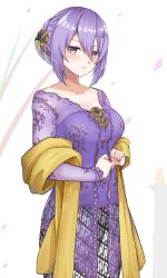 1girl alternate_costume blush breasts commentary cowboy_shot dress english_commentary hair_up highres hololive hololive_indonesia indonesian_clothes kebaya lace large_breasts lips long_sleeves looking_at_viewer moona_hoshinova parted_lips purple_dress purple_hair shawl sidelocks solo sundajin_asagi tsurime virtual_youtuber white_background yellow_eyes yellow_shawl