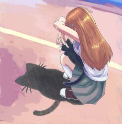 black_cat bleach cat cat_shadow_puppet grey_skirt hair_ornament highres inoue_orihime long_hair orange_hair road shadow shihouin_yoruichi shirt shoes skirt sneakers squatting street tank_top vani11axbiscuit white_shirt white_tank_top