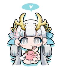 1girl animalization bad_id bad_twitter_id bright_pupils changli_(wuthering_waves) closed_mouth commentary dog-san earrings eastern_dragon_horns heart highres holding horns jewelry jinhsi_(wuthering_waves) looking_at_viewer low_twintails mole mole_on_cheek simple_background smile solo spoken_heart symbol-only_commentary twintails two_side_up white_background white_eyes white_hair white_pupils wuthering_waves yellow_horns