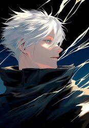1boy black_shirt blue_background blue_eyes bright_pupils chinese_commentary colored_eyelashes commentary_request electricity expressionless floating_hair from_side gojou_satoru gradient_background highres jujutsu_kaisen looking_ahead male_focus messy_hair shirt short_hair solo tanxianjia_xiaomao turtleneck turtleneck_shirt upper_body white_hair white_pupils wind