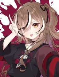 Rule 34 | 1girl, ahoge, black choker, black shirt, black sweater, brown eyes, brown hair, choker, emo fashion, fingernails, heart, heart choker, highres, hololive, hololive english, huge ahoge, lace-trimmed choker, lace trim, looking at viewer, multicolored hair, nanashi mumei, nanashi mumei (emo), nightmare (nanashi mumei), official alternate costume, official alternate hairstyle, ogye 01, red sweater, selfie, shirt, splatter background, streaked hair, striped clothes, striped sweater, sweater, sweater under shirt, t-shirt, tongue, tongue out, two-tone sweater, upper body, v, virtual youtuber