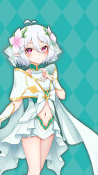 1girl absurdres antenna_hair blush choker clothing_cutout cowboy_shot elf flat_chest flower green_choker hair_flower hair_ornament hand_on_own_chest highres kamikili kokkoro_(princess_connect!) navel_cutout pink_eyes pointy_ears princess_connect! smile solo white_hair